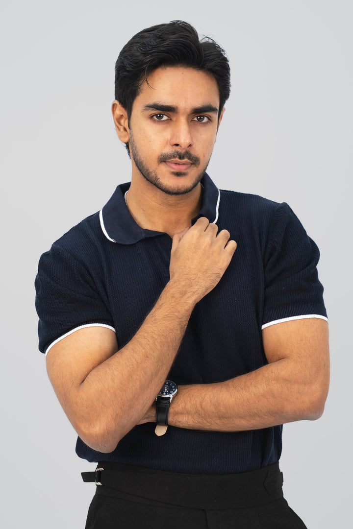 Textured Knitted Navy Polo Shirt PS-2027 SPLAYD