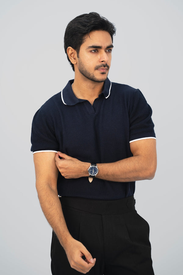 Textured Knitted Navy Polo Shirt PS-2027 SPLAYD